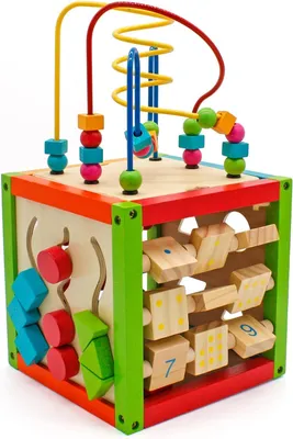 Productafbeelding van CUBE - Activiteiten Kubus Baby - Zijdig met kralendoolhof - Telraam - Knijpervormen - Cijferblokken - Schuifdoolhof
