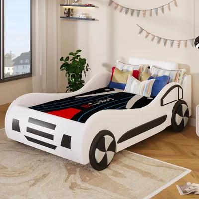 Produktbild von okwish Kinderbett 90x200 cm, Autobett, Automodellbett, multifunktionales Kinderbett mit Stauraum unter dem Bett Weiß (Ohne Matratze)