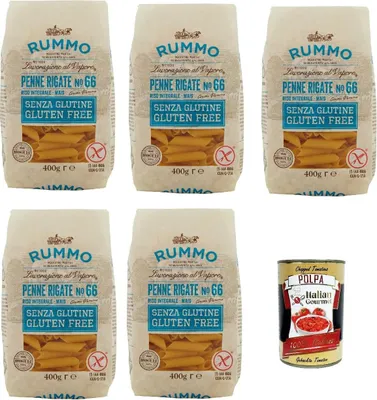 Produktbild von Rummo Pasta Penne Rigate N° 66 senza Glutine, gluten free, 100% italienische Pasta nudeln glutenfrei 5x 400g + Italian Gourmet polpa 400g