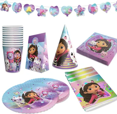 Produktbild von Gabby’s Dollhouse Partyset 114-tlg – Teller, Becher, Servietten, Wimpel, Deko