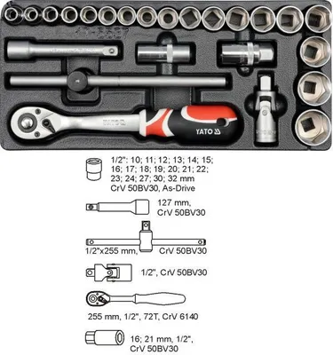 Produktbild von Yato YT-5537, Steckschlüssel-Satz, 1/2", Metrisch, 23 Kopf/Köpfe, Chrom-Molybdän-Stahl, 385 mm