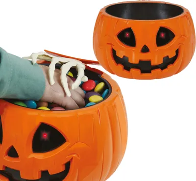Produktbild von Halloween Kürbisschale Skelettdekoration Gruselige Schüssel Partyzubehör Scherzartikel Animierte Tischdekoration Süßigkeitenschale Bewegungsaktiviert, Farbe: Orange / Schwarz