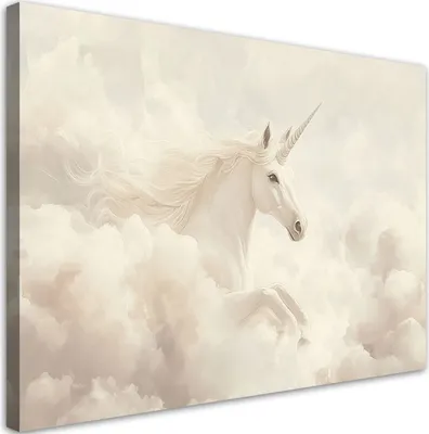 Immagine prodotto di Quadro su tela per cameretta bambini Unicorno tra nuvole beige 100x70 Feeby Quadro beige per la parete pronto da appendere
