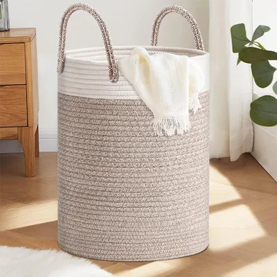 Imagen del producto de Cesta de algodón trenzado, de 40 litros, con un diámetro de 36 cm y una altura de 41 cm, con asa, ideal para el salón