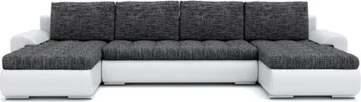 A U-shaped sectional sofa with dark gray cushions and a white base, shown from the front against a white background.