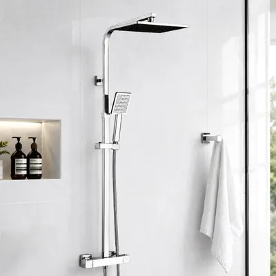 Productafbeelding van Douche set compleet - Regendouche 25 x 25 cm - Douchebuis RVS - Thermostatische douchekraan