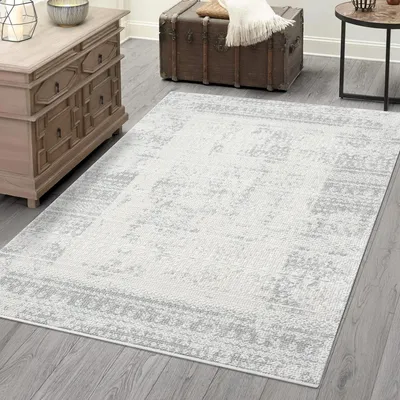 Produktbild von Teppich Wohnzimmer Kurzflor - Grau - 160x230 cm - Klassisch Modern Vintage, Bordüre