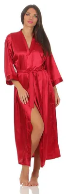 Produktbild von Damen langes Kimono Nachtmantel Seidenrobe Morgenmantel, Weinrot L