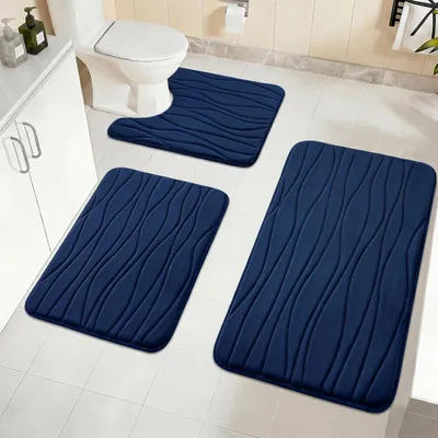 Productafbeelding van Toiletmat - Set van 3 - Met uitsparing - Traagschuim - Antislip - Absorberend - Blauw