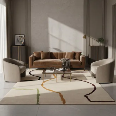 Produktbild von Wollteppich Handgetuftet | Designerteppich 100% Schurwolle | Weicher Wohnzimmerteppich Pflegeleicht | Abstraktes Linienmuster | Beige Bunt 200x290cm 2200g/qm Flordichte | ELAN-Omont von Kadima Design