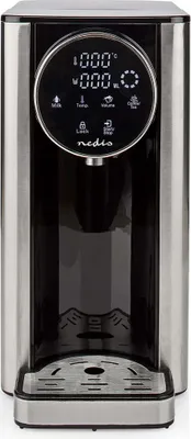 A front view of a black and silver instant water dispenser with a digital display and touch controls.
