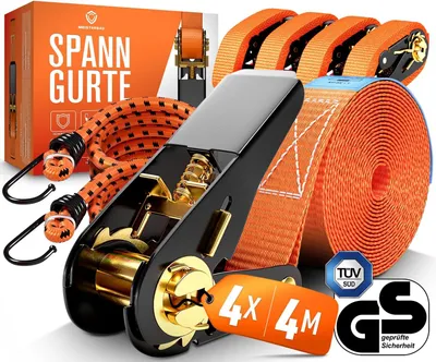 Produktbild von Meisterbau - Spanngurte mit Ratsche [+ 2 Spanngummis] - 1000kg Kapazität - Robuste Zurrgurte 4m  [Orange - 4 Stück] - G/S e Ratschengurte