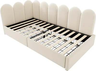 Obrázek produktu pro okwish Rozkládací pohovka 90x200 čalouněná postel denní postel se 2 zásuvkami, dětská postel, jednolůžko s laťkovým roštem a kolečky, béžová (bez matrace)