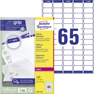 Produktbild von Avery Zweckform L7651-100 Adress-Etiketten, A4 mit ultragrip, 38,1 x 21,2 mm, 100 Bogen/6.500 Etiketten, weiß