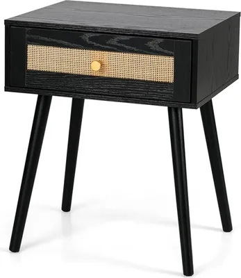 Produktbild von Rattan, moderner Boho-Nachttisch aus holz mit Schublade, goldenen Griffen & massive Holzbeine, Beistelltisch mit Anti-Kipp-Vorrichtung, Schwarz