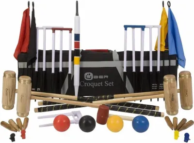 Produktbild von Ultimate Executive Krocket-Set – Englisches Gartenspiel – Kupferbänder, Kunststoffbälle, 16 mm dicke Krocket-Tragetasche mit Stahltoren. Klasse und großartig