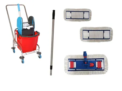 Produktbild von CleanSV Wischset chrom Laschenmop 50 cm, Reinigungswagen 1 x 18 Liter Eimer, Presse, Deichsel, 1 Laschenmop Halter, 3 x Laschenmop Baumwollmop, Teleskopstiehl