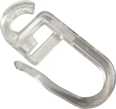 A single, clear plastic clip hook on a white background.