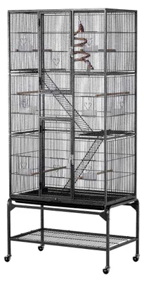 Produktbild von Großer Vogelkäfig, Vogelvoliere für Wellensittiche, Papageien, Nymphensittiche und Chinchillas, Nagerkäfig für Ratten, 3 Ebenen, 176 cm hoch, Schwarz