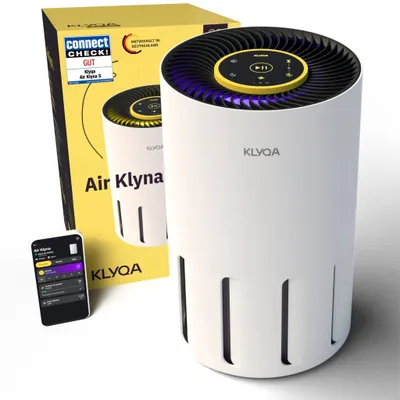 A Klyqa air purifier and its packaging are displayed on a white background, along with a smartphone showing the device's app interface.