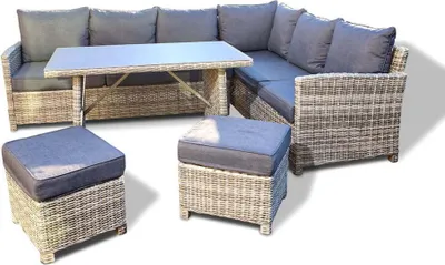 Produktbild von HOME DELUXE - Polyrattan Sitzgruppe BAHIA- inkl. Hocker, Tisch mit Glasplatte und Sitzpolster I Loungemöbel, Outdoor Sofa, Garten- & Balkonmöbel