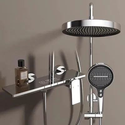 Image de Système de douche pluie avec robinet, réglable en hauteur, pommeau de douche de 32,5 cm, douchette à main avec 4 jets, barre de douche, flexible, chromé