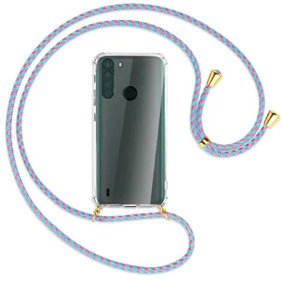 Produktbild von Handykette Backcover-Schutzhülle mit Band (Metall goldfarben) für Motorola One Fusion - pink/mint