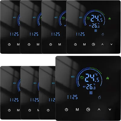 A collage of digital LCD room thermostats, showing multiple units in a grid layout.