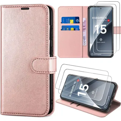 Image de Coque + 2 Verres Trempés pour Xiaomi 15, Protection Rabat Flip Case Cuir Synthétique Antichoc Rose