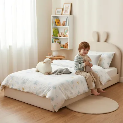 Produktbild von STILVORA Kinderbett 90x200cm, Polsterbett mit Holzlatten Kaninchen-Kopfteil, Samt, Beige, Einfach zu installieren