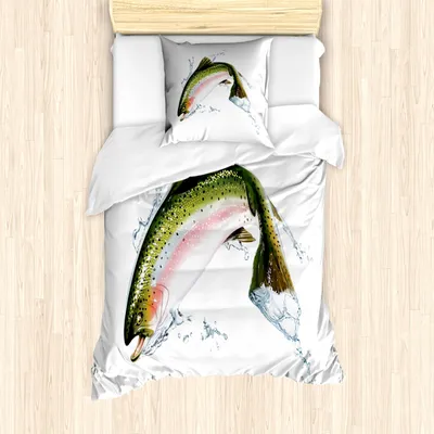 Produktbild von ABAKUHAUS Fisch Mantele, Salmon Photorealistic Kunst, Milbensicher Allergiker geeignet mit Kissenbezügen, 135 cm x 200 cm - 80 x 80 cm, Mehrfarbig