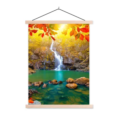 Produktbild von MuchoWow® Textilposter Steine - Baum - Wasserfall - Herbst - Rot 40x53 cm mit holzfarbenen Rahmen - Schlafzimmer