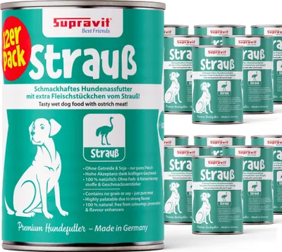 Produktbild von Supravit Hundenassfutter mit Strauß 12 x 410g Dosen | Nassfutter getreidefrei für ernährungssensible Hunde