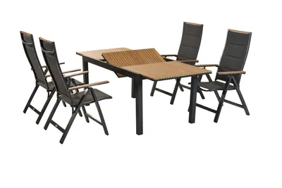 A set of outdoor furniture including a table and four chairs, displayed on a white background.