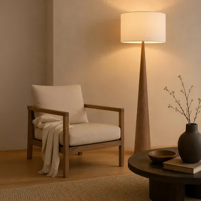 Produktbild von Stehlampe mit weißem Textil-Schirm - Basis aus Holz - E27 - Ø42cm