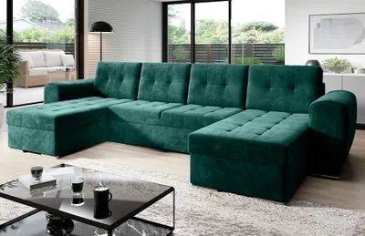 Produktbild von Easy4You Ecksofa BARI Velours in U-Form 326 x 97 x 157 cm mit Schlaffunktion und Bettzeugbehälter - Schlafsofa mit Bettkasten - Eckcouch mit Stauraum - Farbe: Monolith Flaschengrün (MO37)
