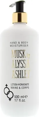 A white bottle of hand and body moisturizer with a pump dispenser.