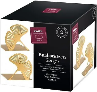 Produktbild von Moses. libri_x Buchstütze Gingko 2er Set, Dekoratives Buchständer-Set aus Metall in Gold, Goldene Buchstützen mit Cut-Out Look