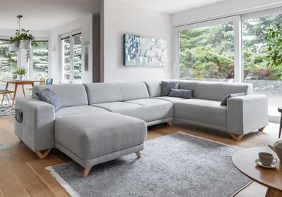 Image de MIUFORM Classy Sophie - Canapé d'angle avec fonction lit et coffre de lit U-FORM DROITE - 330x212cm - Gris clair - Canapé-lit Canapé