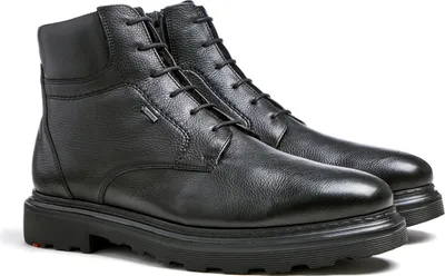 A pair of black leather lace-up boots.