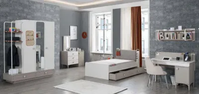Obrázek produktu pro Designový pokoj pro mládež kompletní šatní skříň komoda psací stůl 4 ks.