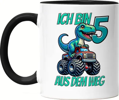 Produktbild von Kinder 5. Geburtstag Tasse Schwarz Dino Dinosaurier Auto 5 Jahre Junge Monstertruck