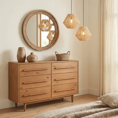 Produktbild von Kommode TECCA mit 6 Schubladen, Eiche farben – Schubladenschrank aus massivem Kiefernholz, lange Holzgriffe, Stauraum für Schlafzimmer Wohnzimmer Flur, skandinavisches Design