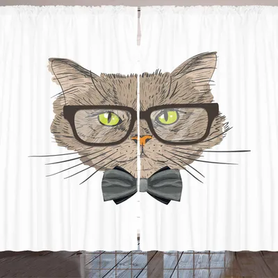 Produktbild von ARANDE Geek Gardine, Porträt-Zeichnung einer Katze mit Bowtie und Glasess mit städtischem Art-Hipster-Blick-Thema, 280 x 225 cm, Mehrfarbig