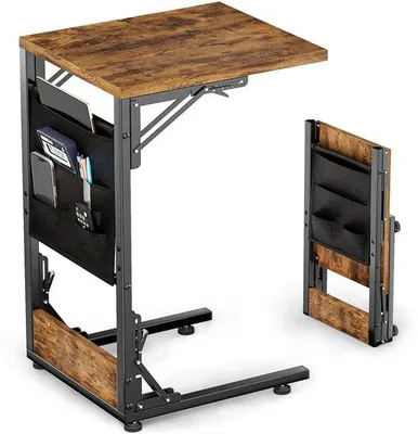 Imagen del producto de Mesa auxiliar plegable Unyqoos® con compartimento de almacenamiento: estructura de metal , tablero de madera rústica, diseño que permite deslizarla debajo de muebles, capacidad de carga de hasta 13 kg