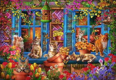 Zdjęcie produktu dla Puzzle Bluebird Cats Windowsill Puzzle - 1000 elementów