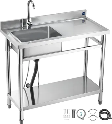 Obrázek produktu pro Dřezy - Nerezový kuchyňský dřez Jednoplošný volně stojící - 100 x 50 x 94 cm - S vodovodní baterií - Odkládací polička - Pracovní deska - Umyvadlo vpravo - Pro gastronomii a venkovní použití