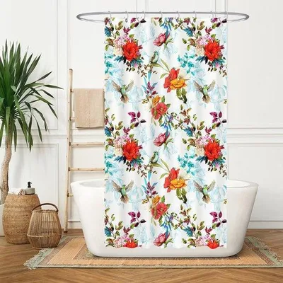 Produktbild von Famanu Duschvorhang Blumen und Vögel - Waschbar und Antischimmel - 120 x 180 cm