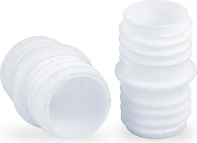 Two white, ribbed, cylindrical plastic connectors are shown against a white background. One connector lies on its side, partially obscuring another identical connector which stands upright.