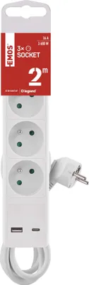 Prodlužovací kabel 2 m / 3 zásuvky / s vypínačem / bílý / 1×USB-A + 1×USB-C / 1,5 mm2